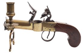 A 19th Century brass flintlock pistol tinder lighter: the action signed Harborne, Birmingham,