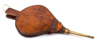 A pair of 18th Century fruitwood bellows: with tapering brass nozzle, 68cm long.