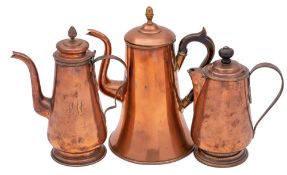 A copper coffee pot, maker W Soutter & Sons, Birmingham: of cylindrical outline with flared base,