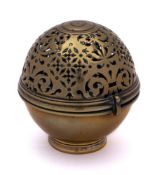 An early 18th Century brass sponge box: of spherical form, with pierced hinged lid,