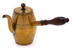 A late 18th Century brass coffee pot: of barrel-shaped form, with lift-off lid with urn finial,