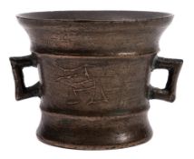 A late 16th Century mortar: with two squared handles, cast monogram TH, attributed to Thomas Hatch,