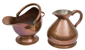 A 19th Century copper coal scuttle: of helmet-shaped form and a two gallon haystack measure,