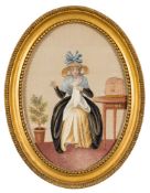 A silkwork picture 'Industry': depicting a young woman seated sewing beside a table with a caged