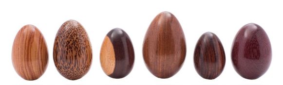 A collection of specimen wood samples in the form of eggs: varying in size from 4.5cm to 8.5cm.