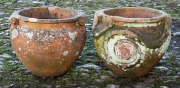 Two Compton pottery terracotta jardinieres after designs by Gertrude Jekyll: one plain with twin