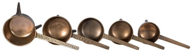 A rare graduated set of five 17th Century motto skillets: cast at The Fathers' Foundry, Montacute,