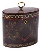 A late 18th Century oval papier mache tea caddy: with painted guilloche and chain bands enclosing
