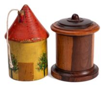 A Victorian lignum vitae string box: of cylindrical outline with shallow domed cover, 14cm high,