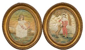 A pair of Regency oval silkwork pictures in original stamped brass frames: depicting a boy playing