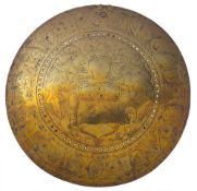A 17th Century brass warming pan lid: depicting unidentified armorial enclosed by the motto 'In