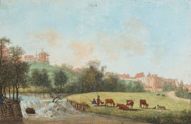 German School, late 18th Century- 'Halle', a view across the river to figures and cattle,