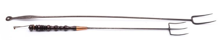 A late 18th/early 19th Century long-handled wrought iron flesh fork: and a wrought iron flesh fork