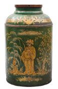 A 19th Century toleware tea canister: of oval form with gilt chinoiserie decoration to a green