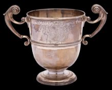 A Georgian Irish silver two-handled cup: marks worn, Dublin, crested,