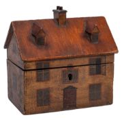 A Regency period painted tea caddy in the form of a cottage: the hinged pitched roof enclosing twin