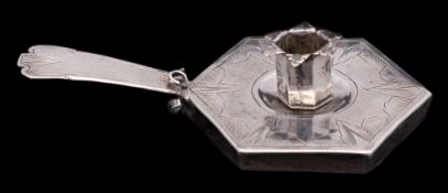 A late 17th Century silver hexagonal hand taperstick,
