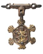 A late Medieval gilt metal horse harness pendant: gilded with throned king figure with sceptre,