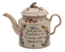 A late 18th century English polychrome creamware teapot and cover: of cylindrical form with