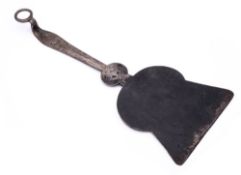 An early 19th Century wrought iron peel: of thistle-shaped form with brass inlay decoration,