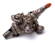 A Victorian silver and coral teething rattle, maker Hilliard & Thomason, Birmingham,