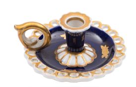 A Chamberlains Worcester blue and gilt decorated porcelain miniature chamberstick: with reticulated