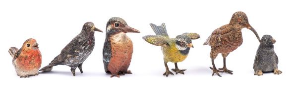 A group of six Austrian cold painted bronze models of birds: including a woodcock and a kingfisher,