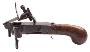 A late 18th Century steel flintlock pistol tinder lighter: the action signed J Savage,