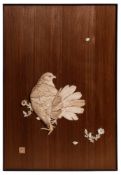 A Japanese ivory and softwood rectangular panel: inlaid with a fan-tailed pigeon and scattered
