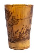 A late 18th Century horn beaker: with scrimshaw decoration with a windmill and pheasant shooting