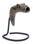 A Medieval bronze zoomorphic jug spout: of curved outline, 9cm long.