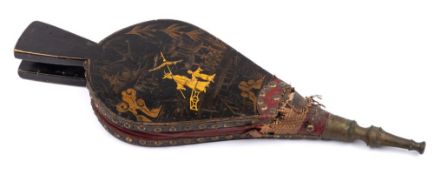 A pair of 19th Century bellows: with black & gilt chinoiserie decoration and brass nozzle, 38.