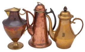 A late Victorian brass and copper coffee pot: of ovoid tapering form,