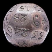 A rare small brass 'teetotum' gambling ball: each faceted edge numbered 1-32, 18th/19th Century,