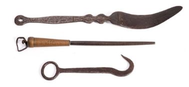 A 19th Century wrought iron potato rake: a sack hook and brass handled steel (3)