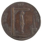 An 18th Century copper 'End of Pain' token: one side decorated with a man hanging from a gibbet,