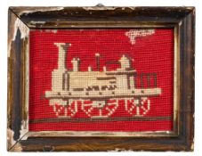 A small 19th Century needlework picture of a Puffing Billy: 9 x 13cm, in a simulated wood frame.