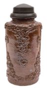 A Derbyshire saltglazed brown stoneware snuff jar: sprigged in relief with vines and flower heads,