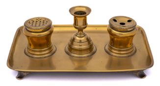 An early to mid 18th Century brass ink standish: of rectangular form,