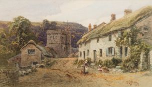 Alfred Leyman [1856-1933]- St Winifred's Church and thatched cottages, Branscombe, Devon,