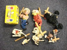 A group of six Pelham puppets:, including a Black Poodle, a Clown,