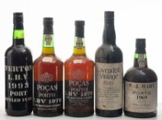 A bottle of Evertons 1993 late bottled vintage port, 1999:, one bottle W J Hart , 1969,