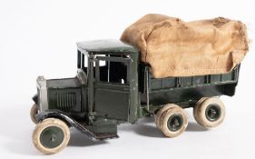 A Britains 1335 six wheeled army lorry (1934 version):, square nosed cab,