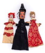 Three handmade Punch and Judy hand puppets:, comprising Mr & Mrs Punch and Policeman,