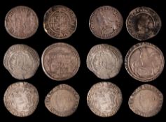 A James I halfcrown (clipped), two Elizabeth I sixpences, James I sixpence 1604 and two groats.