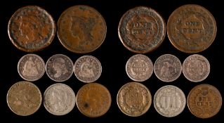 USA - 1841, 1848, 1858, 1864 cents, 1831 five cents, 1853, 1854 half dimes and 1868 three cents.