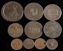 A collection of nine copper tokens and a 'cartwheel' 2d.