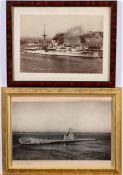 A framed black and white photograph of HMS Warspite and another of HMS Alaric (P441):,
