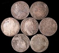Shillings:- Two William III, 1696 E, two x 1711, 1787.
