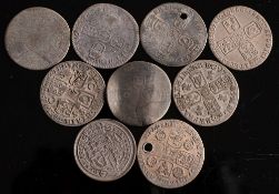 Nine sixpences including a 1705 plumes in angle:.